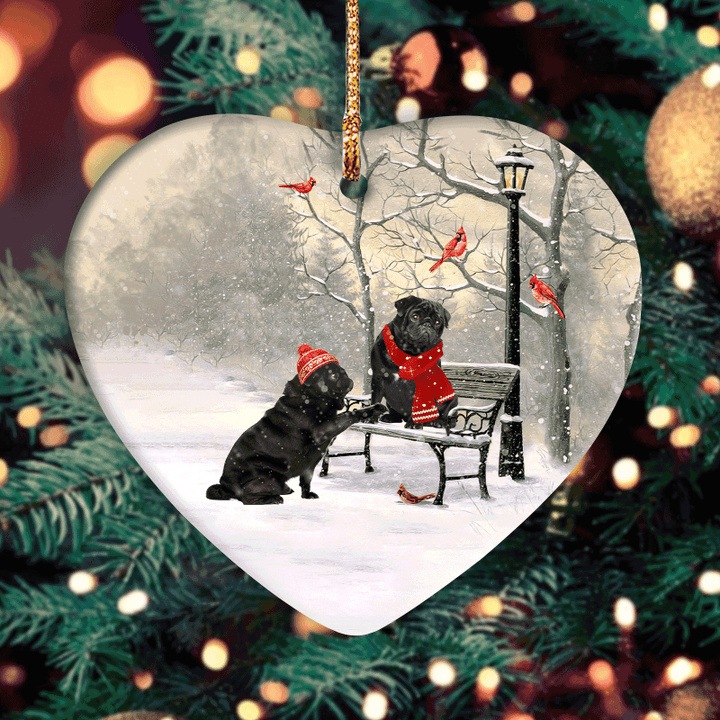 Pug - Christmas Heart Ceramic Ornament- Couple Black Pug, Winter Park, Red Cardinal, On A Date - Gifts For Christmas Home Decor, Gifts For Pug Lover, Gifts For Dog Lover, Dog Mom