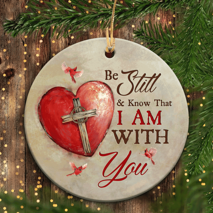 Jesus Heart Ceramic Ornament- Heart, Cross, Red Cardinal Heart Ceramic Ornament- Christian Gift - Be Still And Know That I Am With You