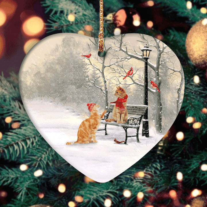 Cat - Christmas Heart Ceramic Ornament - Cats Painting, Winter Park, Red Cardinal, On A Date - Gifts For Cat Lover, Cat Mom, Gifts For Christmas Home Decor
