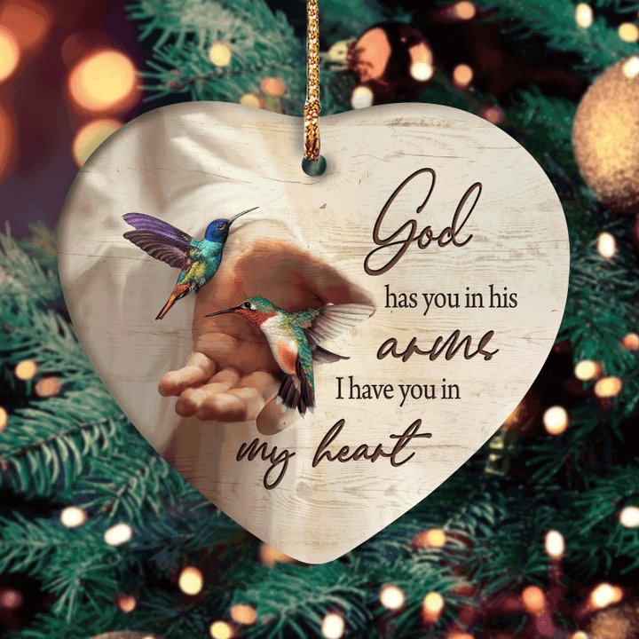 Jesus Heart Ceramic Ornament- Hummingbird Painting, Jesus Hand- Gift For Christian- God Has You In His Arms, I Have You In My Heart