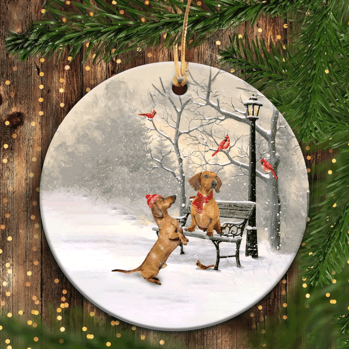 Dachshund - Christmas Heart Ceramic Ornament - Couple Dachshund, Red Cardinal, Winter Park, On A Date - Gifts For Christmas Home Decor, Gifts For Dachshund Lover, Gifts For Dog Lover, Gifts For Couple