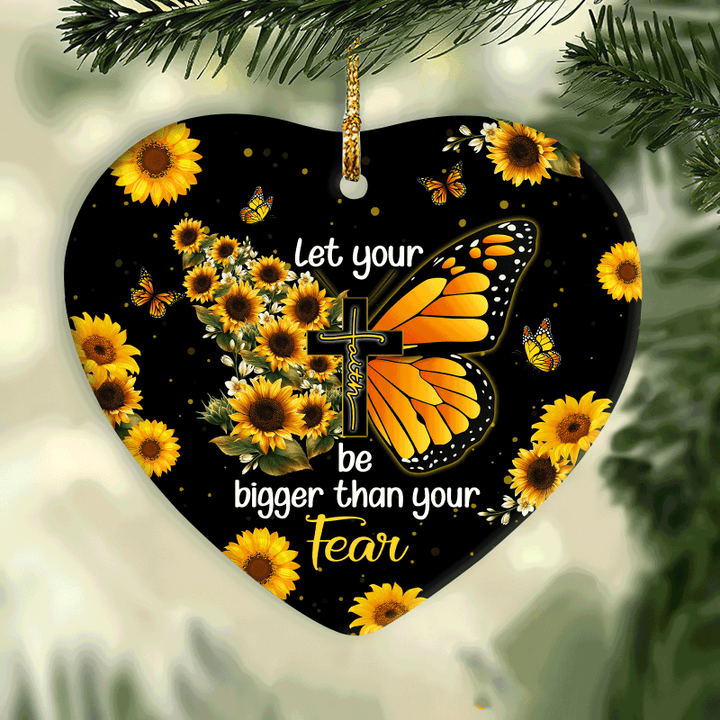 Jesus Heart Ceramic Ornament- Sunflower, Butterfly Heart Ceramic Ornament - Christian Gift - Let Your Faith Be Bigger Than Your Fear