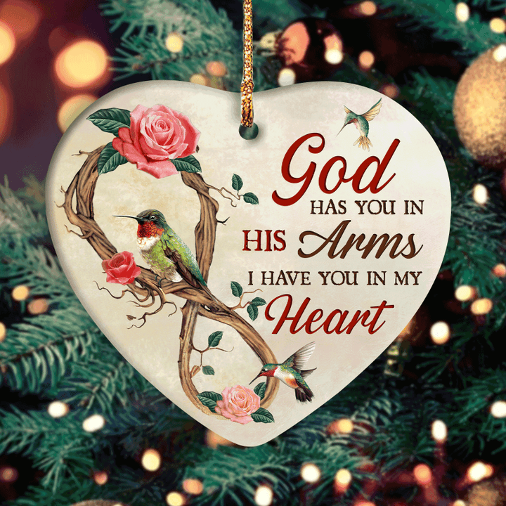 Jesus Heart Ceramic Ornament- Hummingbird, Pink Rose Heart Ceramic Ornament - Christian Gift - God Has You In His Arm