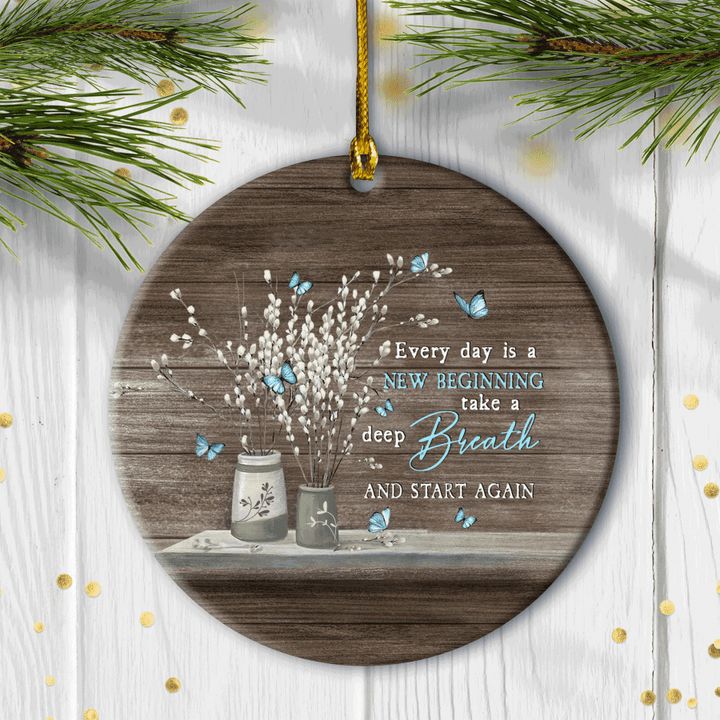Jesus Circle Ceramic Ornament - Blue Butterfly Circle Ceramic Ornament - Christian Gift - Everyday Is A New Beginning