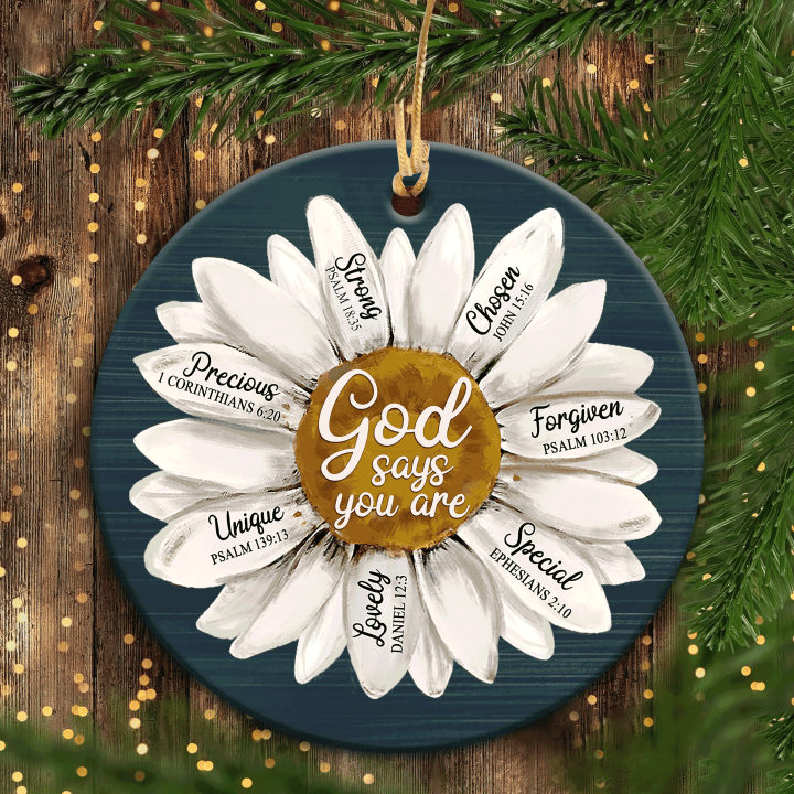 Jesus Ceramic Circle Ornament- Daisy Painting, Flower Drawing- Christian Gift - God Says You Are