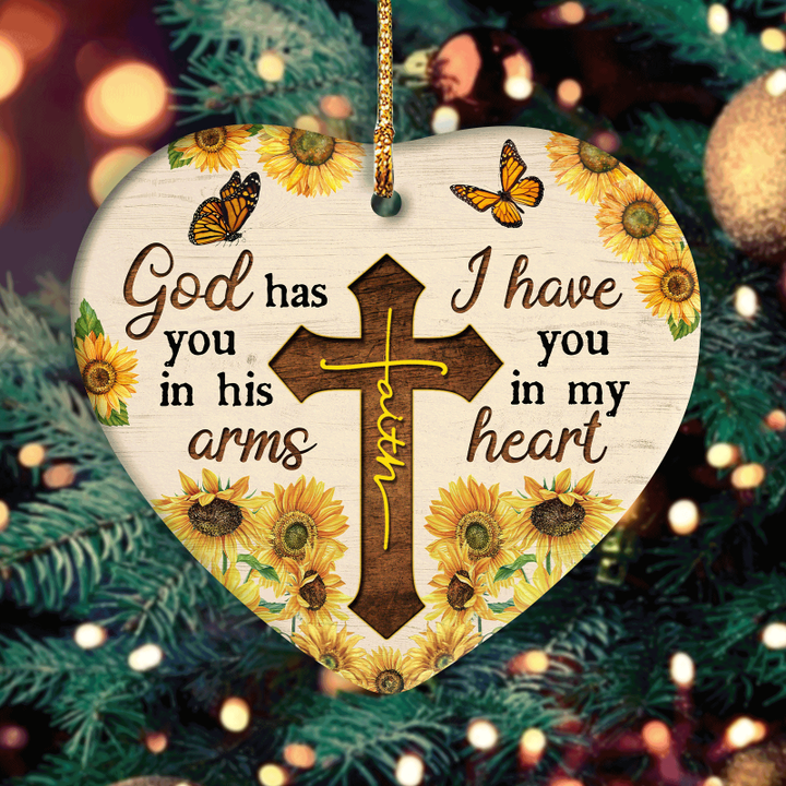 Jesus Heart Ceramic Ornament- Faith Cross, Yellow Butterfly, Sunflower- Christian Gift - God Has You In His Arms