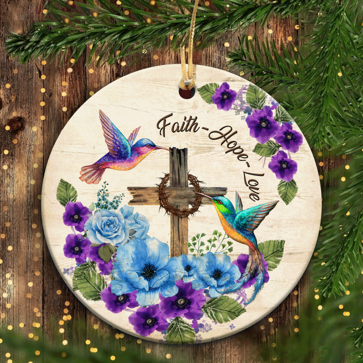 Jesus And Hummingbird - Circle Ceramic Ornament - Hummingbird And The Wooden Cross, Faith Love Hope - Gift For Religious Christian