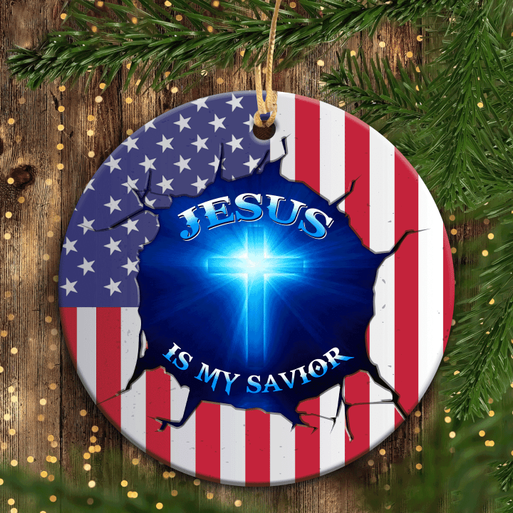 Jesus Circle Ceramic Ornament - Cross With U.S Flag - Jesus Is My Savior - Gift For Religious Christian, Gift For 4th of July, Independence Day