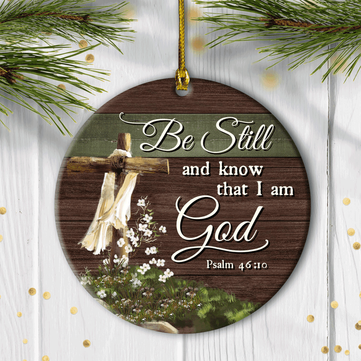 Jesus Circle Ceramic Ornament- Flower field, Wooden Cross- Gift For Religious Christian- Be Still And Know That I Am God