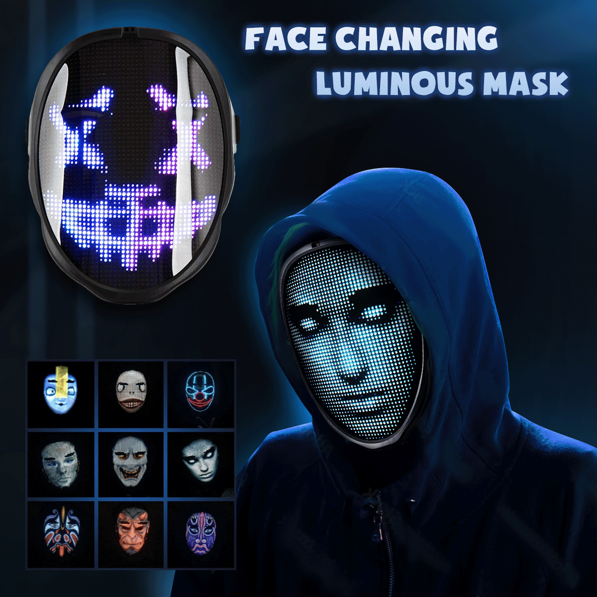 Bluetooth App Controlled LED Face Changing Luminous Mask - Halloween Costume