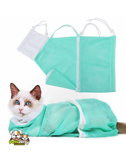 Multi-functional mesh pet grooming bath bag for cats and dogs. Durable and spacious bag with zippered top opening and velcro collar at head opening. Mesh material allows water to drain freely for quick and easy bathing. Folds up for easy storage