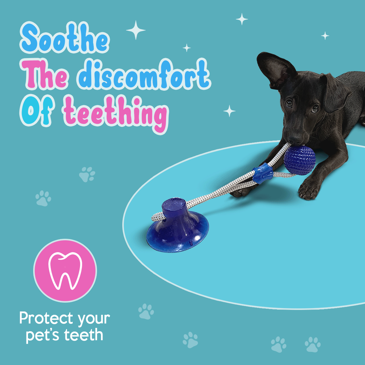Interactive suction cup dog teething cleaning chewing toys. Soft, textured surface for gum massage and plaque removal. Suction cup base keeps toy in place. Durable and long-lasting. Perfect for even the most aggressive chewers.