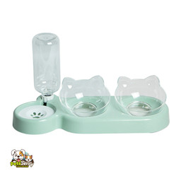 Two elevated pet bowls for cats and dogs, one with food and the other with water.