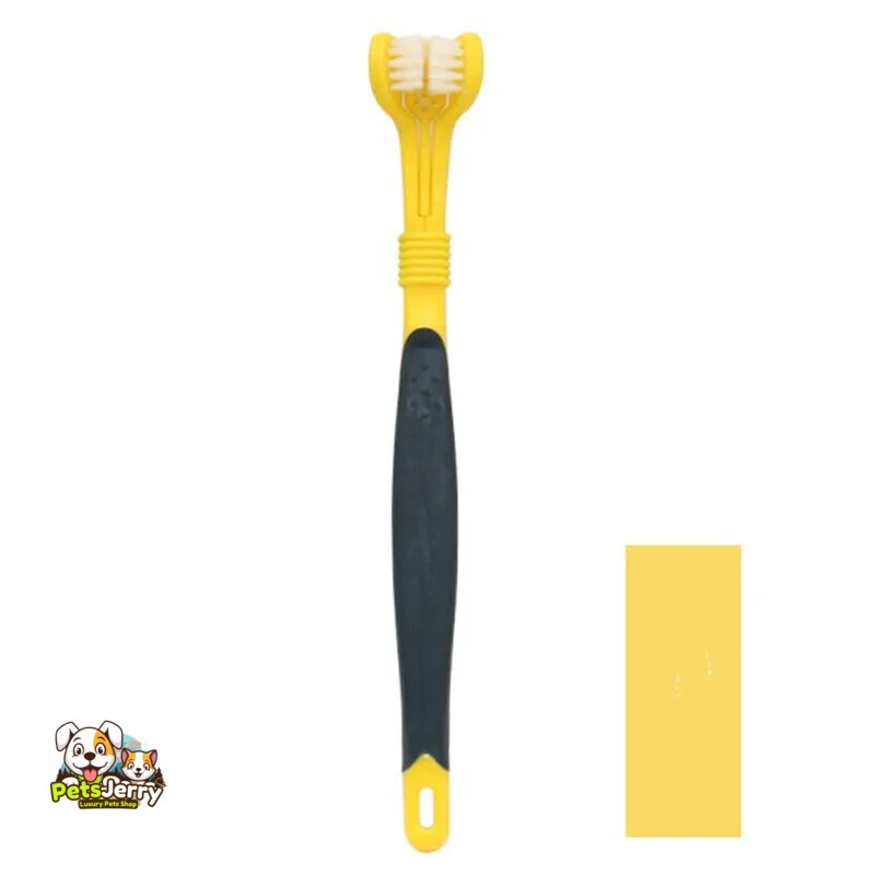 3-sided pet toothbrush with soft bristles and ergonomic handle for effective cleaning of dog and cat teeth.