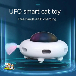 A playful cat chasing a spinning UFO toy that emits colorful lights.