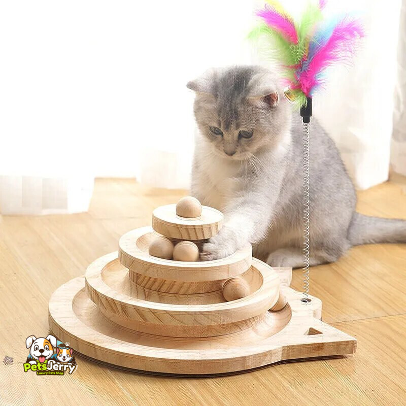 A playful cat enjoying the Purrfect Playground Wooden Cat Tower.