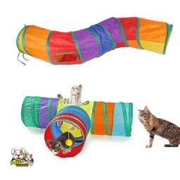 A playful cat explores a vibrant rainbow-colored tunnel, indulging its natural instincts for exploration, stalking, and napping.