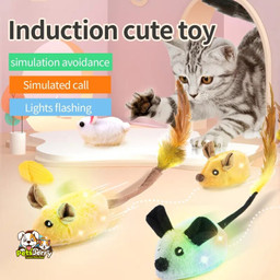 Playful cat chasing realistic mouse toy
