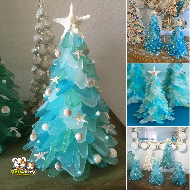 Sea Theme Christmas Tree Desktop Ornament featuring glistening starfish, vibrant seashells, and whimsical seahorses adorned with shimmering glitter and delicate accents