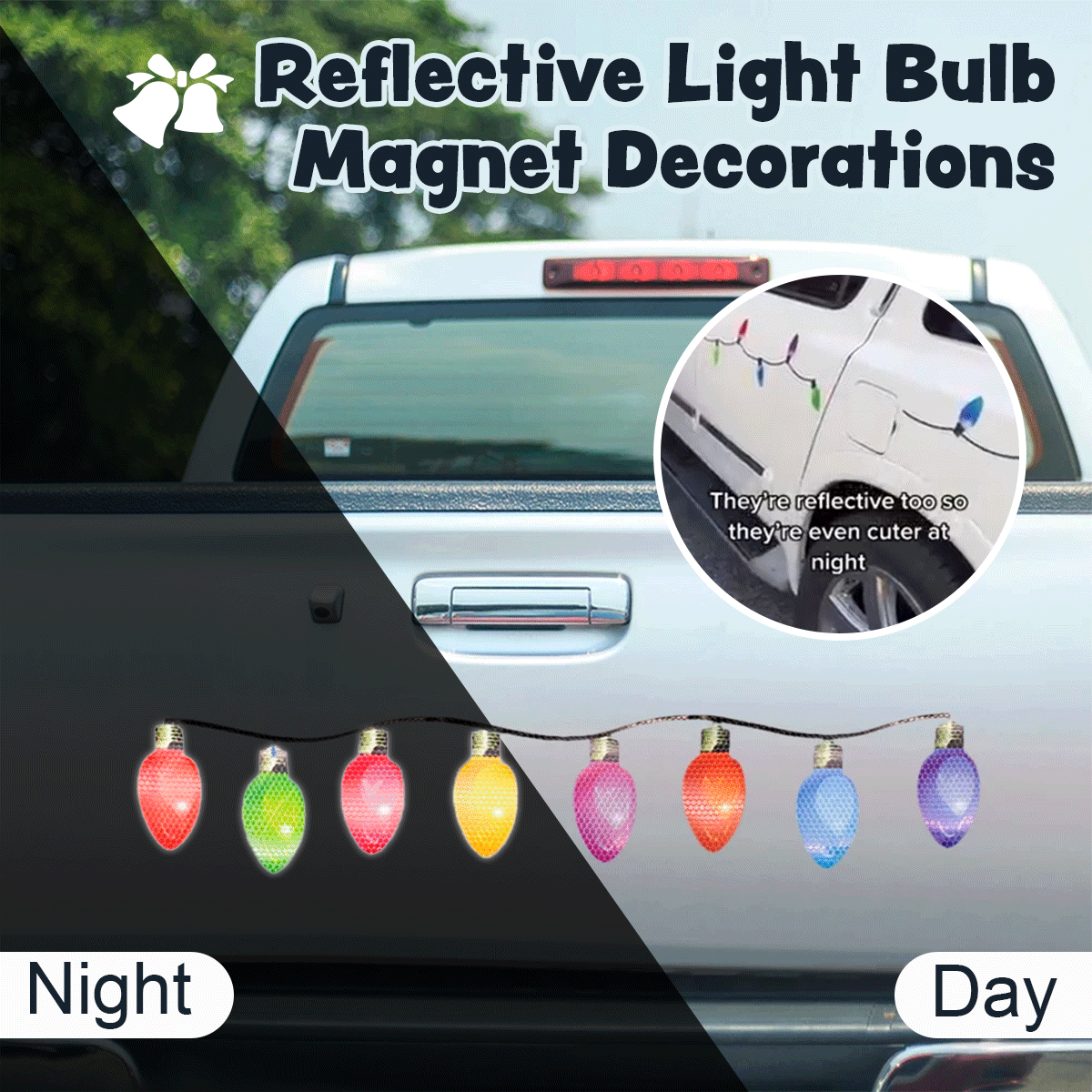 Colorful Christmas light bulb magnets adorning a car