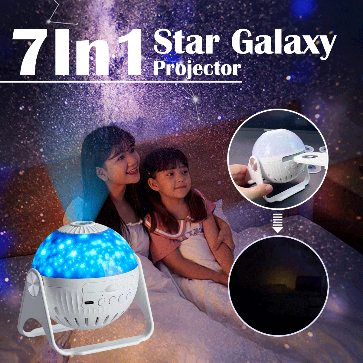 7 In 1 Star Galaxy Projector creating a captivating starry night sky on a bedroom ceiling
