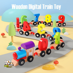 Preschool Education Wooden Train Toy: Child playing with a wooden train set on a colorful train track.