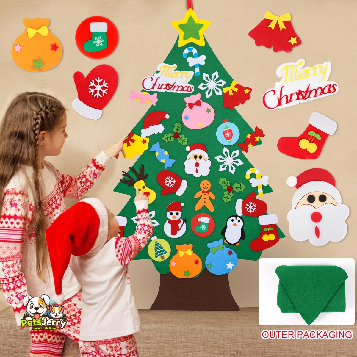 Child happily placing colorful felt ornaments on a Montessori Christmas Tree.