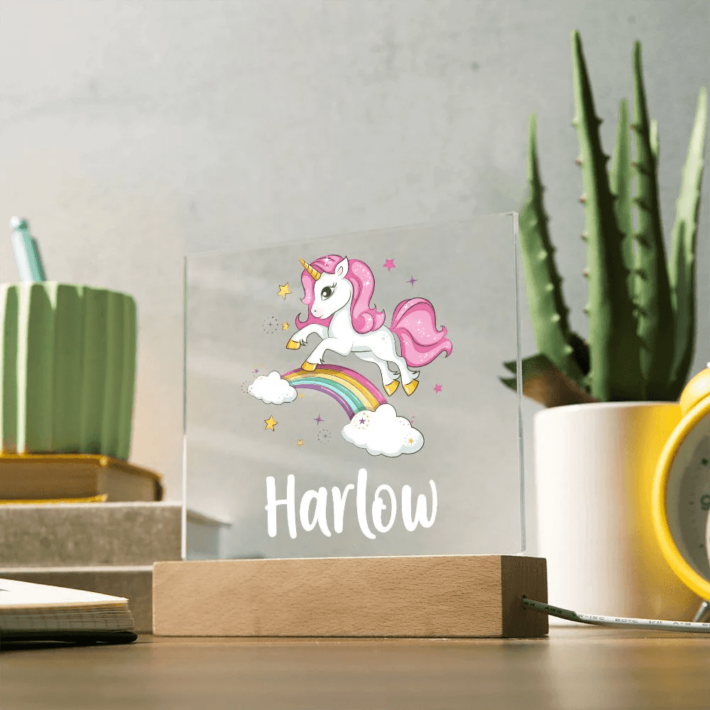 Personalised Night Light baby gift - Custom Name Nursery Night Light - Rainbow Unicorn Square Acrylic Plaque