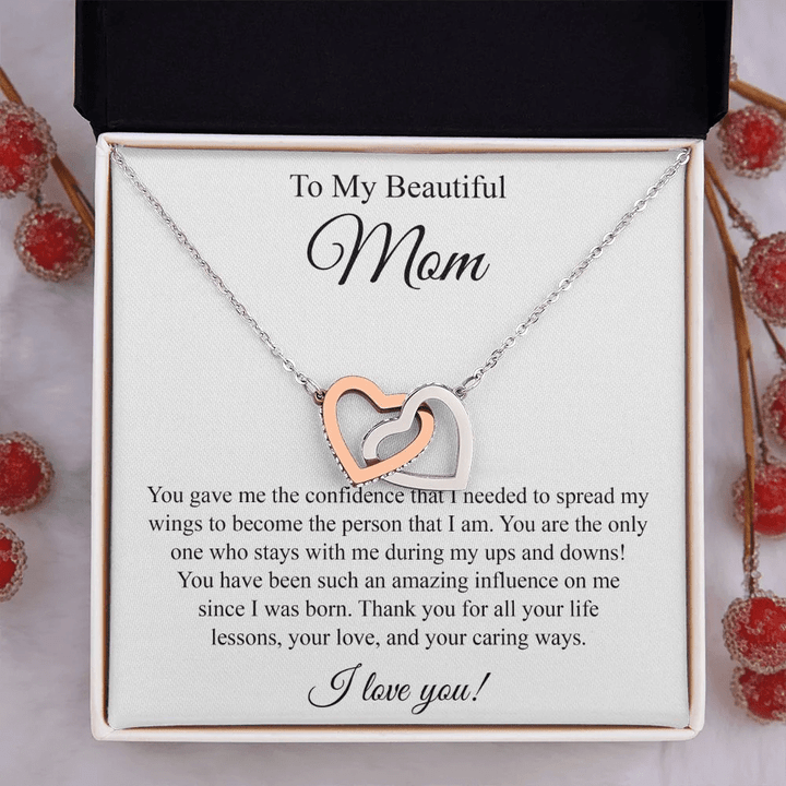 To My Beautiful Mom Interlocking Heart Necklace