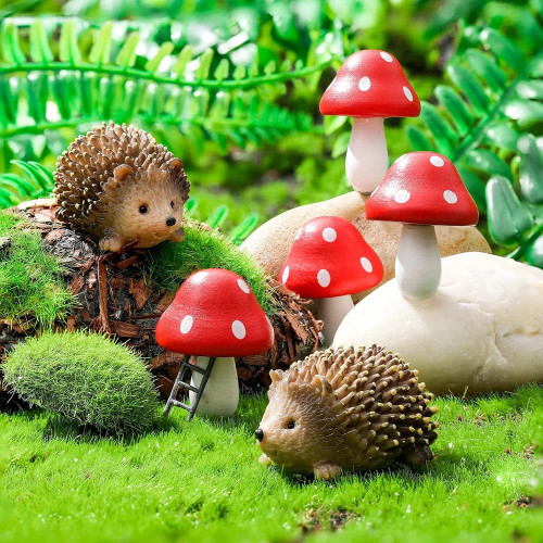 Outdoor Fairy Wild Garden Resin Hedgehogs and Wood Mushroom Accessories Miniature Garden for Plant Bonsai Craft Decor Supplies