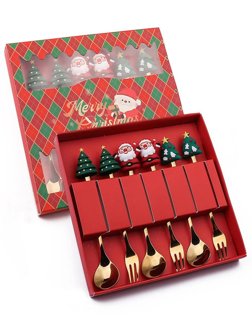 Leeseph Christmas Coffee Spoons Forks Set (4/6Pcs), Stainless Steel Spoon Forks Christmas Gifts for Kids(Red/Green Gift Box Set)