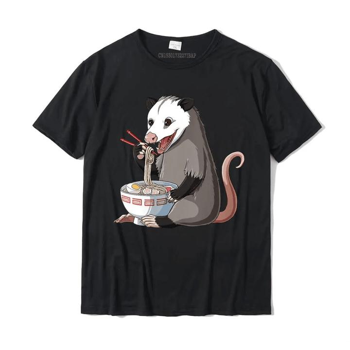 Funny Japanese Kawaii Ramen Opossum Round Neck T-Shirt