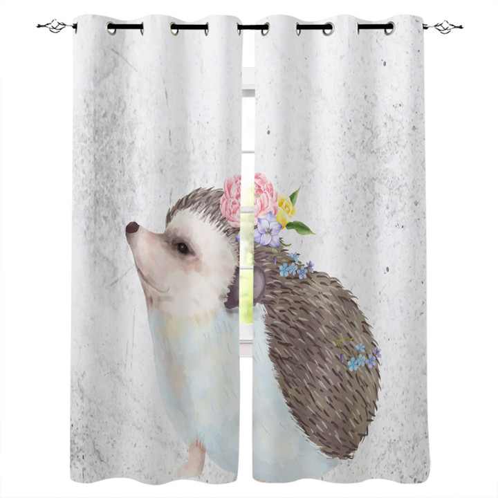 Watercolor Flowers Animal Hedgehog Window Curtains for Living Room Bedroom Kitchen Modern Curtains Home Decoration Drapes Blinds