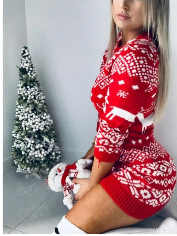 Sweater Women Christmas Deer Knitted Long Sleeve Round Neck
