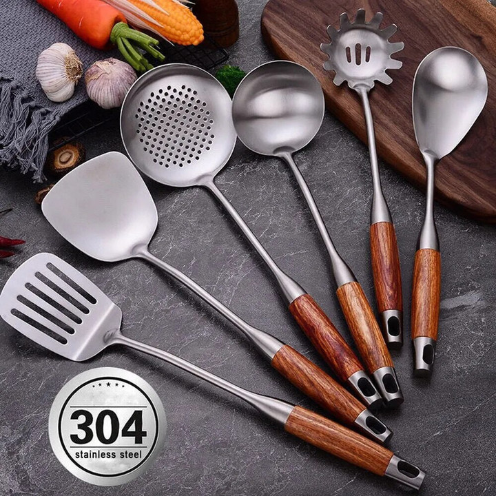 5/6/7PCS Stainless Steel Wok Spatula Wood Handle Cooking Shovel Ladle Kitchen Utensils Baking Cooking Tools Kitchenware Cookware