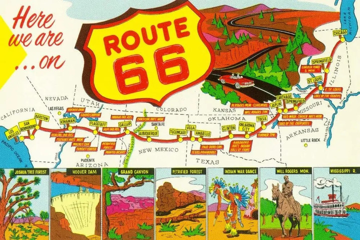 Map of Route 66 from Los Angeles to Chicago, Vintage Advertisement 12681 (12x18 Art Print, Wall Decor Travel Poster)