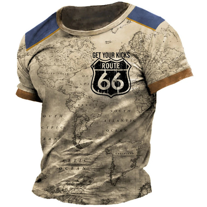 Classic Retro Summer Men's T-shirt American Loose Short Sleeve Top Route 66 O Collar Fashion Casual Sports Quick Drying Clothing