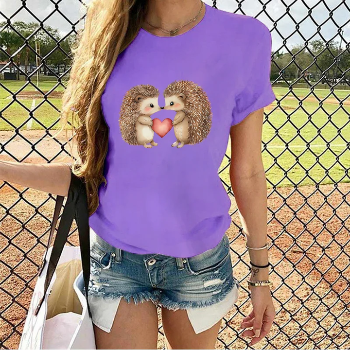 Funny Hedgehog Love Pattern Printed T-shirt Women's Fashion Summer Cool Casual Shirt
