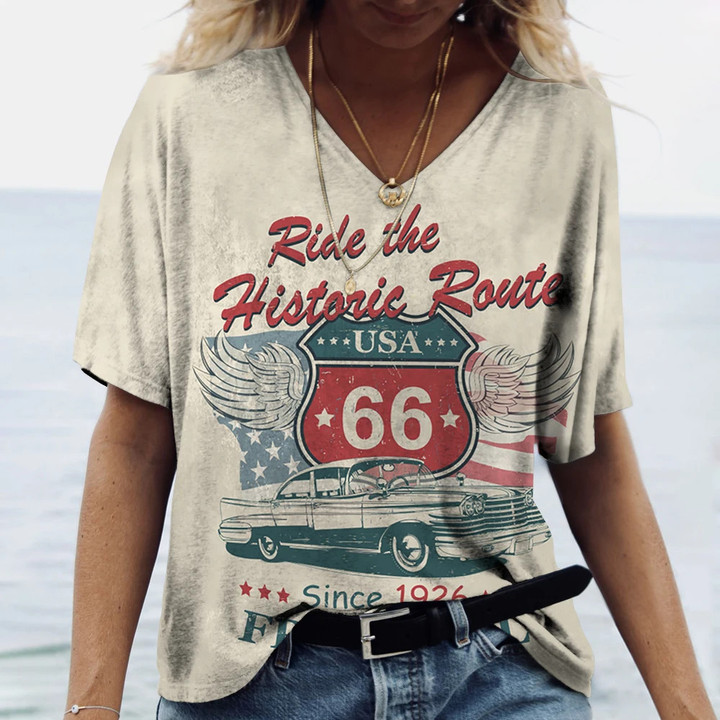 US Route 66 Print Women's T-shirt Tops V-neck Oversized Short Sleeve Pullover Female Vintage Wind Tees 2024 New Harajuku Clothes