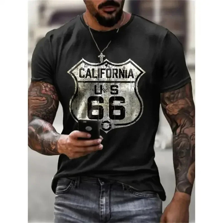 Route 66 Vintage 3D Printed Men's T-Shirt short sleeved T-shirt with American personality oversize casual O-Neck Streetwear