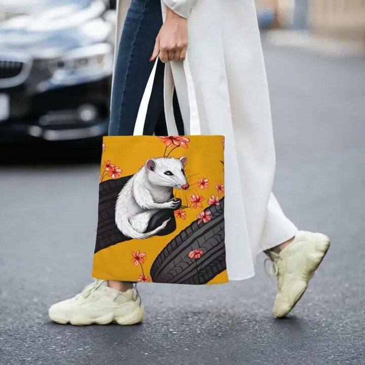 Opossum On Tires Groceries Shopping Tote Bag Women Custom Animal Pet Canvas Shoulder Shopper Bag Large Capacity Handbag