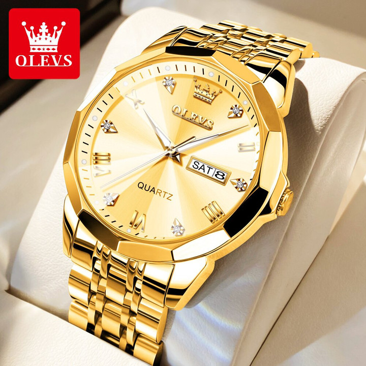 OLEVS Men's Watches Rhombus Mirror Original Quartz Watch for Man Waterproof Luminous Stainless Steel Wristwatch Male Date Week