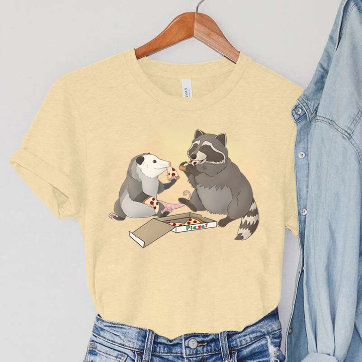 Possum Raccoon Eating Pizza T Shirts Summer Casual Tops Punk Women's O-neck