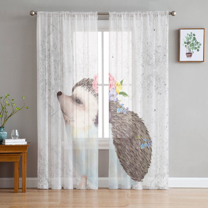 Watercolor Flowers Animal Hedgehog Sheer Curtains Modern Window Drape Tulle Valances Living Room Bedroom Kitchen Voile Curtain