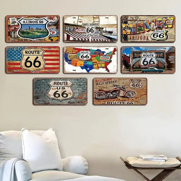 Vintage Route 66 License Plate Metal Tin Signs Motorcycle Car Metal Poster For Garage Bar Pub Moto Club Man Cave Wall Decor