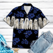 Cute Samoyed Dogs With Blue Hibiscus In Black Hawaiian Shirt
