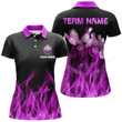 Personalized 3D team bowling polo shirts for women, Custom black flame bowling ball jerseys for bowler