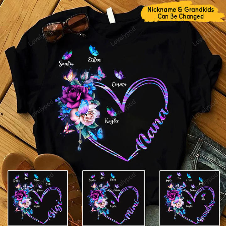 Nana Flower Heart And Grandkids T-shirt