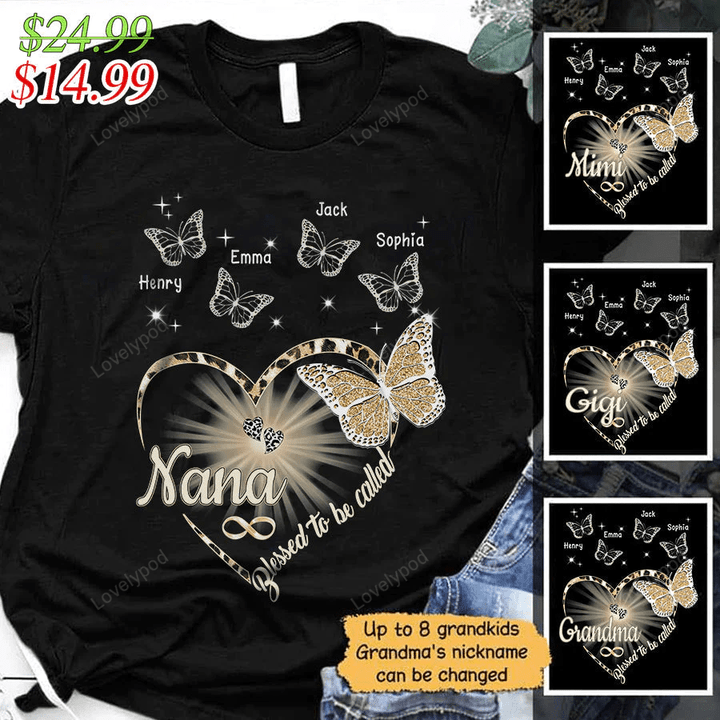 Blessed to be called nana butterfly with grandkids name T-Shirt