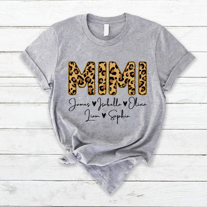 Personalized Mimi Grandkids name leopard T-Shirt